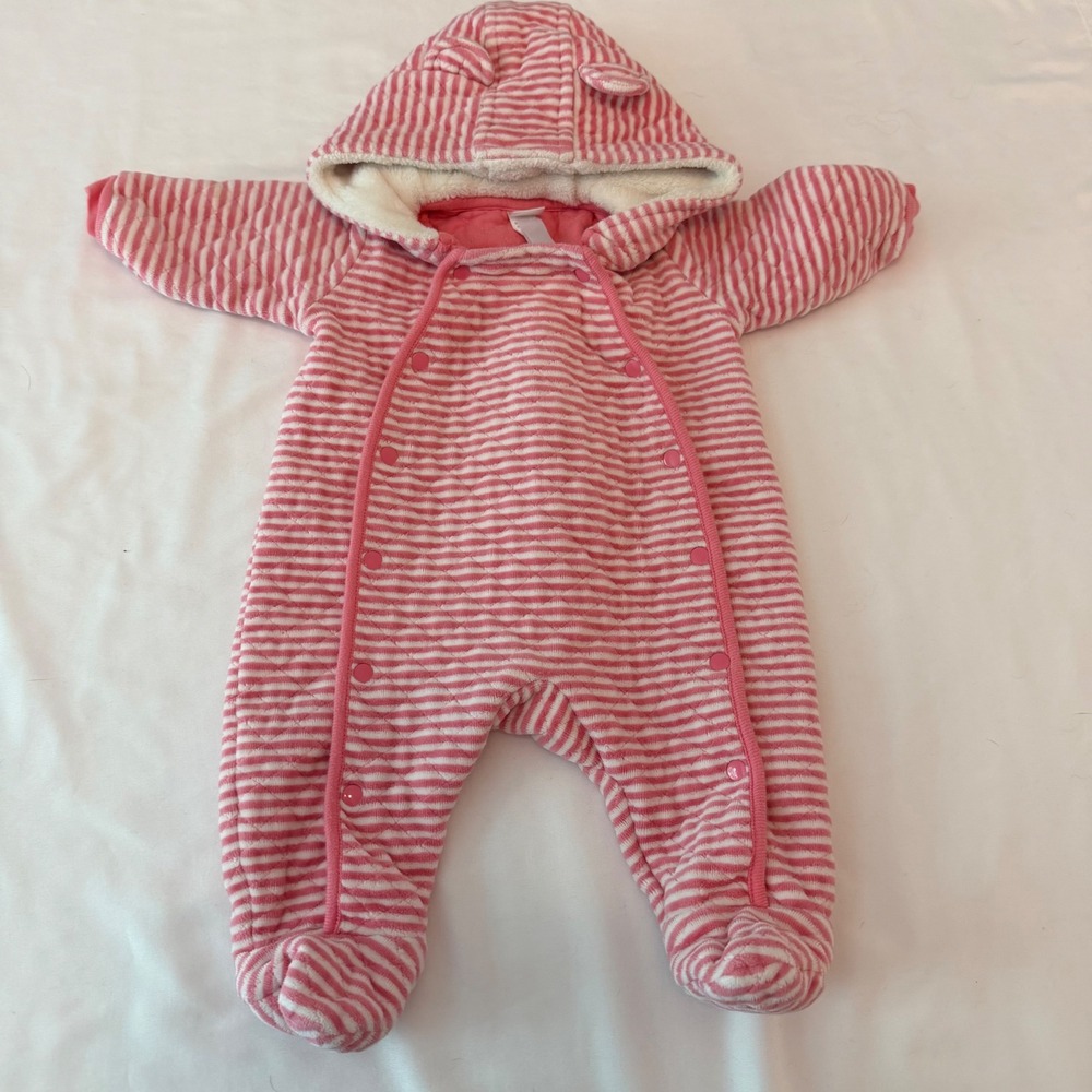 Nordstrom Baby Pink White Striped Quilted Pram Suit Hooded Bear Ears 3 Months